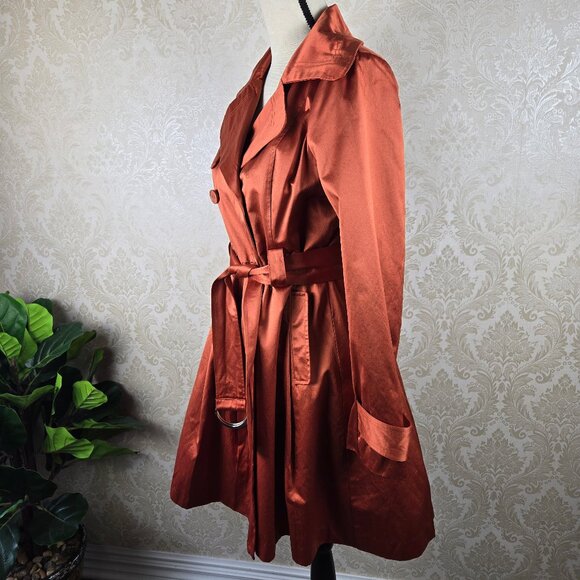 Bebe Size Medium Burnt Orange Double Breasted Trench Coat Belt Pockets Flared - Picture 6 of 16